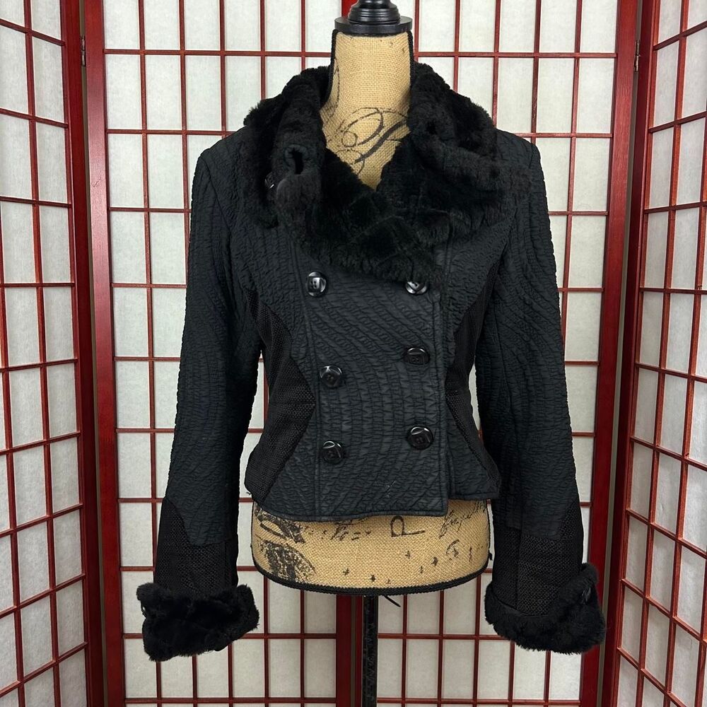Custo Barcelona Cropped Faux Fur Trim Jacket Textured Double Breasted Y2K Gothic